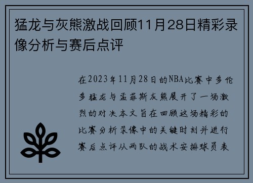 猛龙与灰熊激战回顾11月28日精彩录像分析与赛后点评